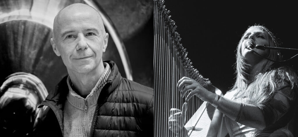 Collage image with a man on the left and woman playing the harp on the right.