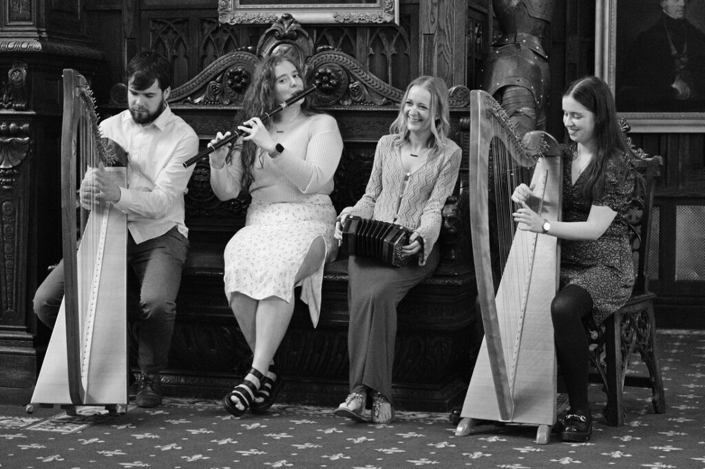 "Musicians playing Irish traditional music on stage"